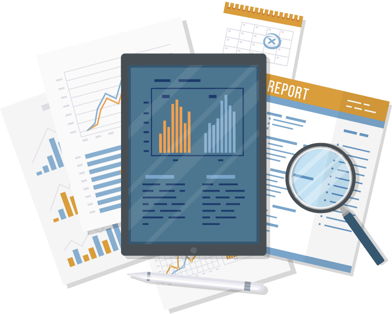 Commercial business insurance documents reports magnifying glass