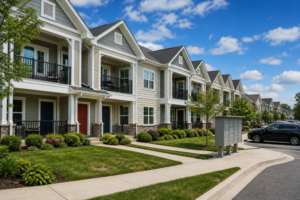Attached condominium townhomes with individual unit entries in clear daylight, showing association property versus private units