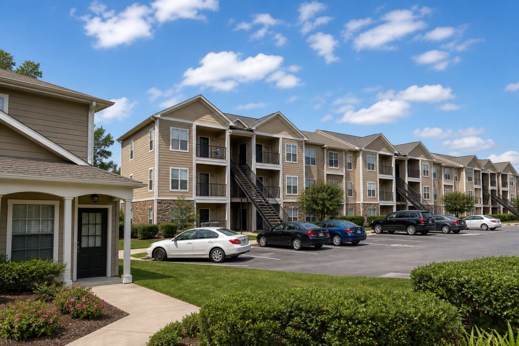 Garden-style multifamily apartment community under overcast skies, the kind of rental buildings owners insure in a hard market